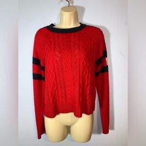 Tommy Hilfiger ringer Red Cable Knit Sweater arm patch stripes in navy size xs